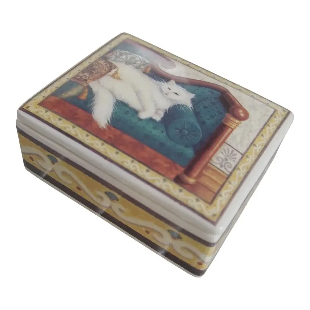 White Persian Cat Ceramic Trinket Box Rectangular Jewelry Keepsake Dish Lid 7oz